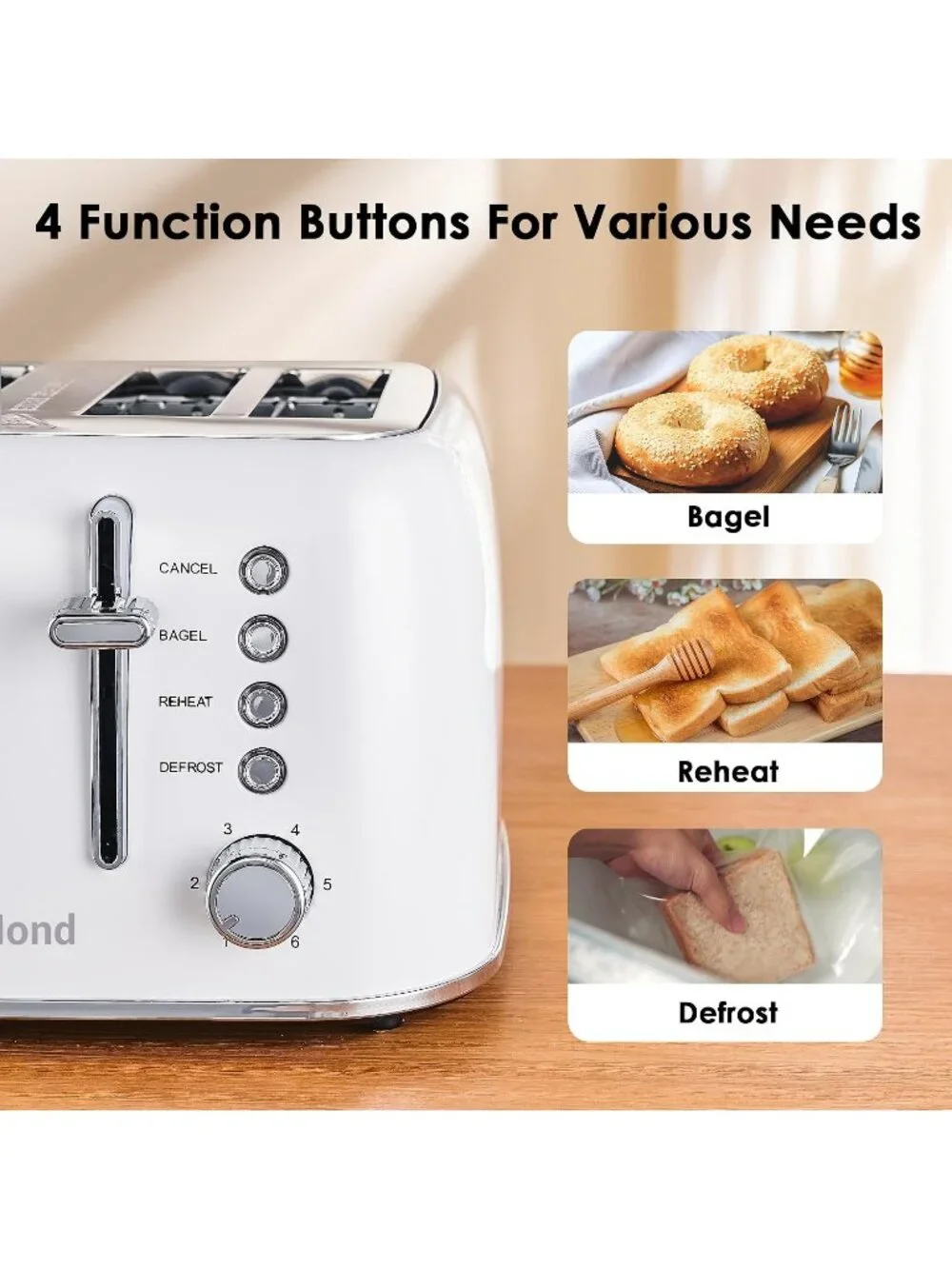 4 Slice White Retro Stainless Steel with Extra Wide Slots Bagel Defrost Toaster
